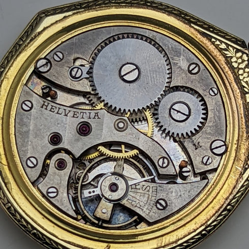 Vintage Swiss HELVETIA gold-plated case pocket watch works well